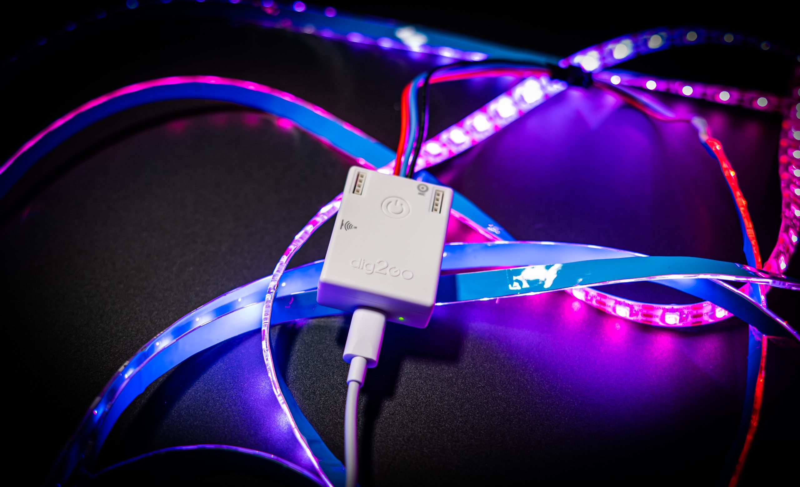 QuinLED Dig2go surrounded by illuminated LED tape