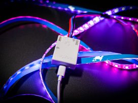 QuinLED Dig2go surrounded by illuminated LED tape