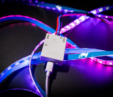 QuinLED Dig2go surrounded by illuminated LED tape